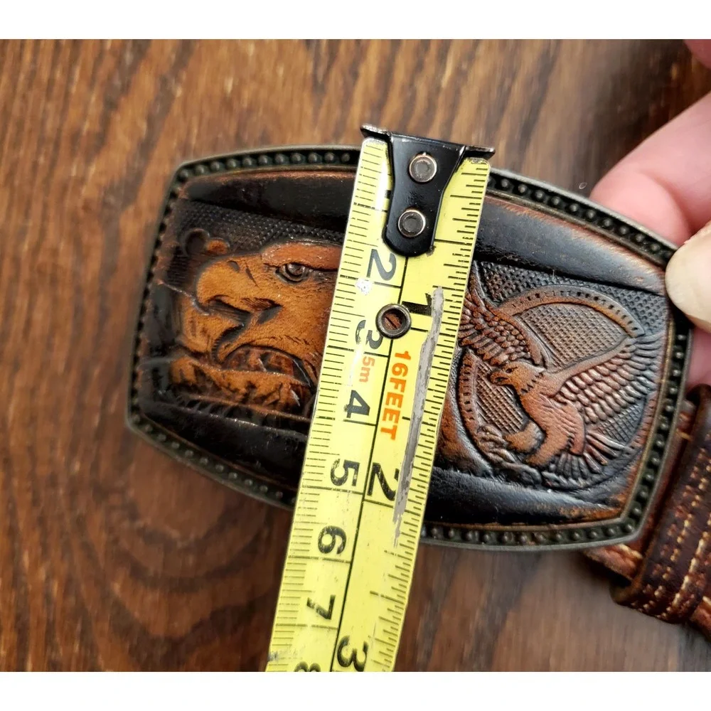 Vintage Leather Overlay Eagle Belt Buckle w/Full Grain Leather Belt 38-40